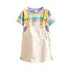 Sommar 2 3 4 6 8 10 12 år Baby Overells Bomullsklänning + Kortärmad Stripe T-tröja 2 st Skola Barnflickor Kläder Set 210701