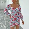 Floral Print Sexy Dress For Women Square Collar Puff Long Sleeve High Waist Ruched Slim Mini Dresses Female Summer 210531