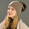 Gorros BeanieSkull, gorro tejido con pompón de piel de mapache Real, gorros de mujer, gorros de Cachemira de invierno para mujer, gorros de algodón para niña, gorro de lana 4832059