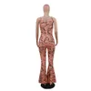 Sexig Club Printed Flare Jumpsuit Kvinnor Baklösa Plus Storlek En bit Bodysuit Elegant Sommar Ärmlös Skinny Party Overaller 210317