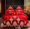 Conjunto de cama de luxo Dragon Phoenix Bordado Vermelho Estilo Chinês Casamento 100% Algodão 4/6 Pcs Princesa Roupas de Cama Capa de Edredão Lençol Fronhas de Linho