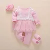 born Baby Girl Clothes Fall Cotton Lace Princess Style Jumpsuit 0-3 Months Infant Romper With Socks Headband ropa bebe 210826