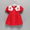 Cherry Baby Girl Dress 2020 Summer Sailor Collar Czerwony Krótki Rękaw Sukienka Odzież dziecięca 2-6y LT021 Q0716