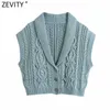 Zevity 여성 패션 공 아플리케 크로 셰 뜨개질 트위스트 뜨개질 스웨터 여성 민소매 캐주얼 조끼 세련 된 카디건 탑 S677 210603