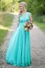 Country Turquoise Mint Bridesmaid Dresses Illusion Neck Lace Beaded Top Chiffon Long Plus Size Maid of Honor Wedding Party Dress