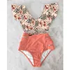 Hoge taille bikini ruche badmode vrouwen print sexy badpak push-up bikinis plus size badpakken bloemenstrand slijtage 210624