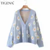 TIGENA Knit Cardigan Femmes Automne Hiver Mignon Daisy Floral Imprimer Bouton Lâche Pull Femme Veste Manteau Bleu Rose 211011