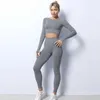 2 adet Dikişsiz Kadın Yoga Set Egzersiz Spor Gym Giyim Spor Uzun Kollu Kırpma Üst Yüksek Bel Tozluk Spor Takım Elbise 210802