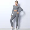 2pcs sans couture femmes yoga ensemble d'entraînement vêtements de sport vêtements de sport fitness à manches longues crop top taille haute leggings costumes de sport 210802