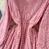 Fioletowy / niebieski / zielony Hollow Out Haftowane Sukienka Kobiety Vintage V-Neck Rękaw Puff Sleeve High Waist A-Line Vestidos Kobieta Wiosna Jesień Y0603