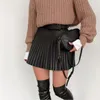 夏のハイウエストプリーツA-Line Women Mini Faux Leather Women's Short Skirt 2021春秋のカジュアルレディースボトムス210303