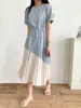 Korean Chic Summer Temperament Slim Contrast O Neck Short Sleeve Pleated Dress Women Sashes Robe Femme Vestido Mujer Elegant 210610