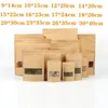 100pcs / lot sac en papier kraft fermeture à glissière debout pochettes alimentaires avec fenêtre transparente sacs réutilisables pour la nourriture thé café