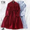 Yuoomuoo 빈티지 포켓 디자인 여성 셔츠 드레스 가을 겨울 Drawstring 라인 미디 드레스 우아한 숙녀 사무실 드레스 211110