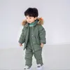 Winter 2 3 4 6 8 Years Fur Hooded Jacket+Overalls Suit 2Pcs Duck Down Children Clothing Set for Baby Kids Girls Boys 210625
