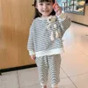 Mudkingdom Winter Autumn Girl Clothes Set Striped Outfits with Bear Plush Toy Casual Kid 210615