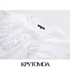 KPYTOMOA Femmes Mode douce avec col Peter Pan Blouses à volants Vintage manches longues Bouton-up Chemises féminines Chic Tops 210308