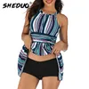 Gestreepte Tankini Set Hoge Hals Badpak Vrouwen Tummy Control Badmode Ruches Rok Push Up Swimpak Dames Grote maat Draag 210625