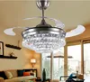 42" Crystal Ceiling Fan with Lights Remote Chandelier Fixture Retractable Invisible Blades 3 Color Changes Lighting Decors