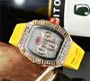 Top Luxury Watch Men's Womens Iced Out Watches Yellow Rubber Full Function Calendar Wristwatches Montre Femme2713