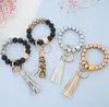 Black Frosted Wooden Bead Bracelet Keychain Fashion Pattern Tassel Pendant Bracelets Women Girl Key ring Wrist Strap 7 Colors DD255