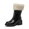 Boots Round Toe Side Zipper High-heel Plus Fleece Cotton Winter Style Cowhide Thick-soled Plush Short