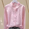 Sommer Bluse Frauen Hemd Tops Baumwolle Koreanischen Stil Floral Gestickte Plissee Rüschen Stehkragen Casual Plus Größe Kleidung 210225