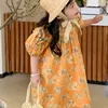 Vestido de meninas de verão Pastoral estilo puff manga floral drapeado princesa bebê crianças roupas infantis para menina 210625