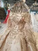 Guld Luxury Dubai Arabiska Muslim Bröllopsklänningar Långärmad Kristall Beaded Lace Vestidos High Neck A Line Bridal Gowns Chapel Train Al8789