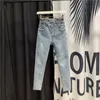 Kvinnors Jeans 2021 Vår Sommar Kvinnor Hög midja Rivet Beaded Harem Beskuren Byxor Slim Denim Pencil Trousers Spodnie Damskie