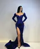Vestiti da sera della sirena di Semiidali Royal Blue Sexy 2021 Sexy Vedi attraverso il collo Piuma di piume Formale Party Gowns Black Girls Prom Dress Robe de Soirée