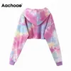 Aachoae Streetwear Färgglada Hoodies Kvinnor Batwing Långärmad Loose Hooded Sweatshirt Drawstring Oregelbundna Short Hoodies Lady Y0820