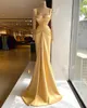 Charming Gold Satin Mermaid Formal Prom Dresses With Long Sleeves Lace Appliques Plus Size Evening Pageant Gowns For Arabic Women 322