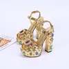 2021 Fashion Gold Leather Platform Sandals Women Sexy Chunky Heels Shoes Mix Color Crystal Party Prom Shinning Thick Heel