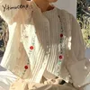 Yitimuceng Embroidery Blouse Women Button Up Shirts Apricot Navy Puff Sleeve Clothes Spring Summer Korean Fashion Tops 210601