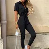 Elegant Solid Jumpsuit Kvinnor Sommar Deep V Neck Knappskjorta Overaller Kortärmad Office Lady One Piece Romper Belt 210317