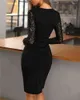 Herbst Abend Party, Figurbetontes Kleid Sexy Langarm OL Elegante Mode Frauen Kleid Schwarz Spitze Einsatz Midi Kleid G1214