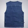 Big Size V-Neck Classic Multi Denim Work Vest Mens Solid Casual Waistcoat with Many Pockets Fishing Vest Sleeveless Jacket 211104