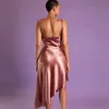 Sexy jurk metallic satijnen riemen lange jurk zomer backless vrouwen asymmetrische jurk vrouwelijk elegant mode feestvestidos 210302