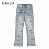 Hip Hop Distressed Streetwear Ripped Flared Jeans Biker Skräddarsydd broderad Tvättad Förstörda Hole Flare Denim Byxor för män 211120