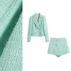Design women's fashion mint green color tweed woolen double breasted coat and shorts 2 pcs pants twinset plus size XSSML