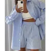 Loung Wear Damen-Hauskleidung, gestreiftes Langarm-Shirt, Tops und lockere, hoch taillierte Mini-Shorts, zweiteiliges Set, Pyjama 210831