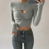 Front Cross Sexy Hollow Out Slim Grey T-shirt Women O-neck Long Sleeve Pullover Tops 2020 Korean chic Fashion Cropped Tops X0628