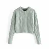 ZA câble tricot vert Cardigan femmes O cou à manches longues Vintage mince tricoté hauts femme mode Streetwear ajusté chandails 210602