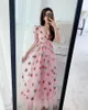 Strawberry dress Sequined Embroidery Cascading Ruffle Maxi Dress Women summer V-neck Puff Sleeve Bow Pink Tulle Mesh Long Dress 210303