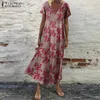 Zanzea Kobiety Sundress Czeski Kwiatowy Drukuj Plaża Maxi Dress Vintage V Neck Krótki Rękaw Dresses Sukienki Femme Kaftan Vestido7 X0521