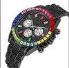 PINTIME Luxo Cristal Completo Diamante Quartzo Bateria Data Relógio Masculino Decorativo Três Subdials Marcador Colorido Relógios Brilhantes Fato 2397