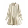 Kobiety Sukienka 100% Cotton Collared Styl Koszula Długie Rękawy Puffowe Ruffled Hem Krótka sukienka Moda Elegancka Kobieta Dress 210709