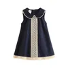 Summer 3-8 10 to 12 Years Casual Kids Lace Embroidery Peter Pan Collar Sleeveless Tank Sundress Baby Girls Dress Cotton 210529