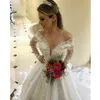 Elegant bröllopsklänning Luxury Princess Bröllopsklänningar Långärmad V-Neck Bridal Gowns Appliques Anpassad av axeln